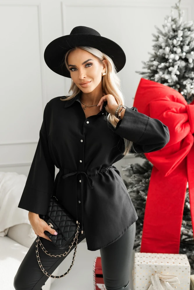 KOSZULA Z KOŁNIERZYKIEM ZE ŚCIĄGACZEM W TALII CZARNA