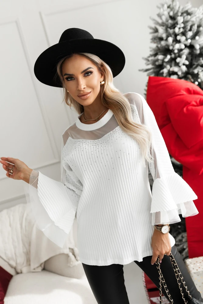 BLUZKA MONICA Z PRĄŻKOWNEGO MATERIAŁU Z SIATECZKĄ I CYRKONIAMI BIAŁA