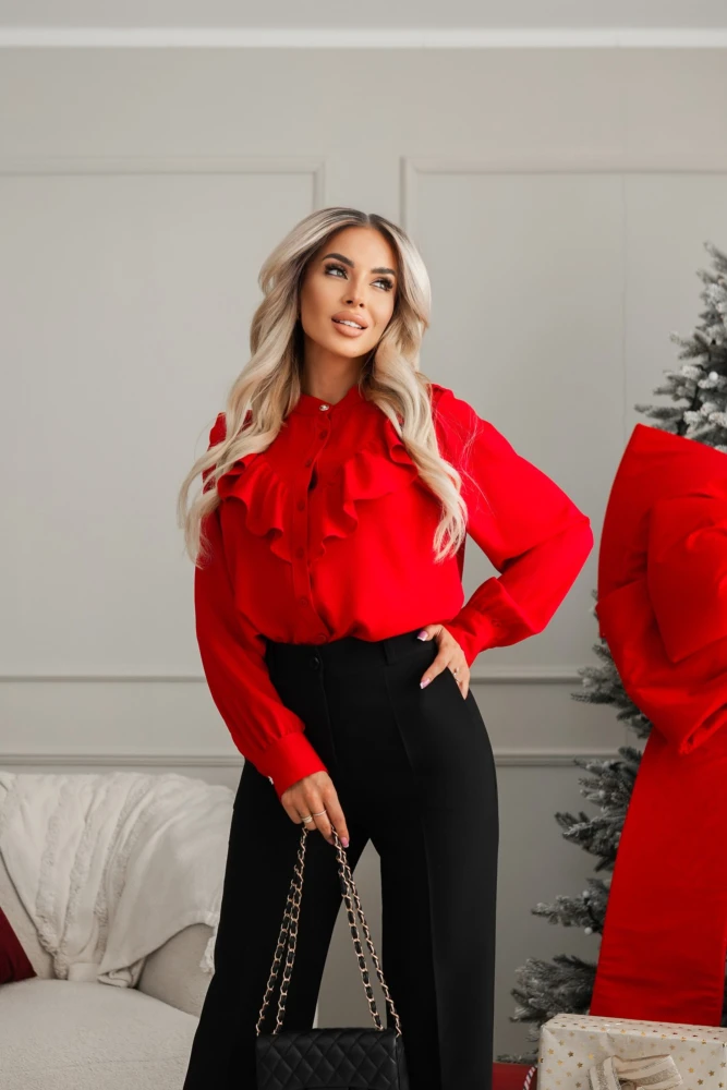 KOSZULA Z WISKOZY Z OZDOBYMI FALBANKAMI CZERWONA