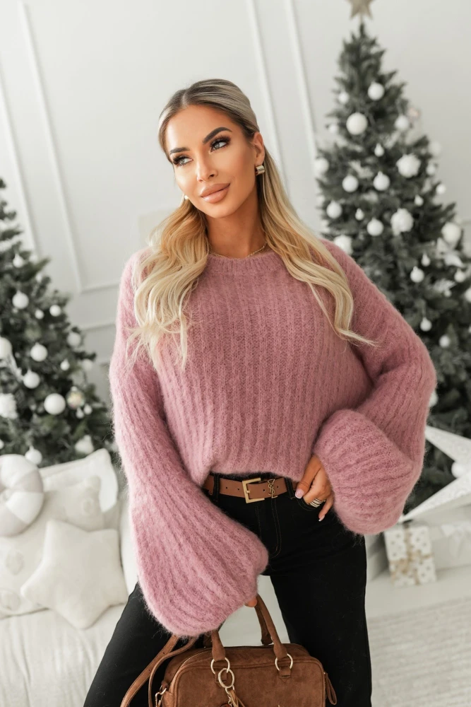 SWETER MOHEROWY DZWONECZEK Z WEŁNĄ RÓŻOWY