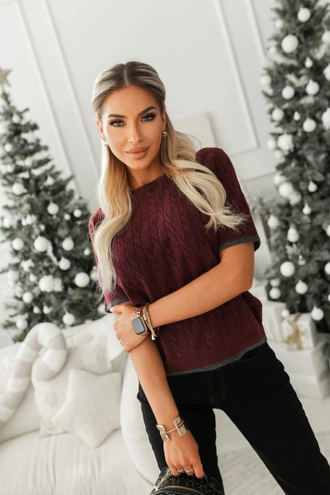 SWETEREK MIKO Z WEŁNĄ O WARKOCZOWYM SPLOCIE JAGODOWY