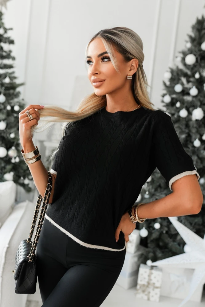 SWETEREK MIKO Z WEŁNĄ O WARKOCZOWYM SPLOCIE CZARNY