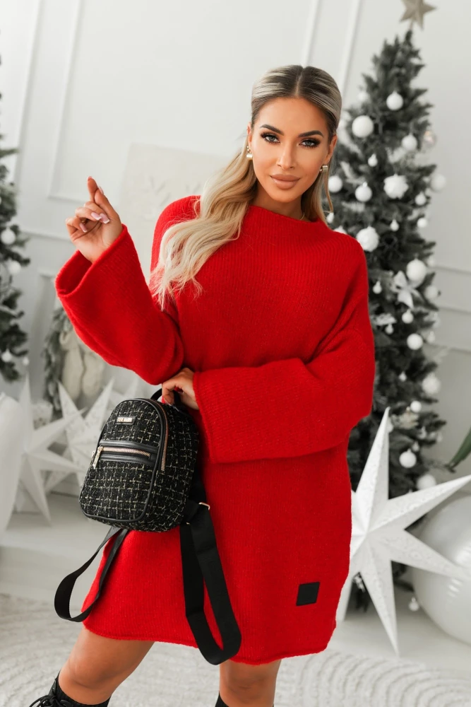 SWETER TUNIKA QUEEN Z WEŁNĄ CZERWONY