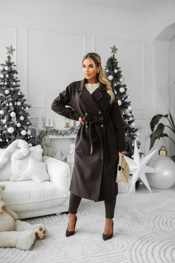 PŁASZCZ BEZ PODSZEWKI 60% WEŁNA WIĄZANY W PASIE CZEKOLADOWY