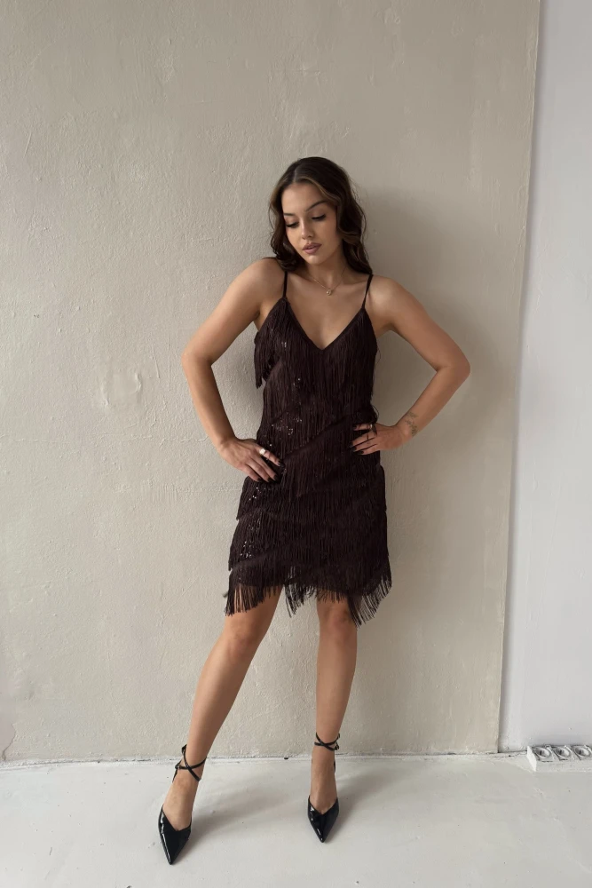 SUKIENKA SAMBA FRĘDZLE CZEKOLADOWA