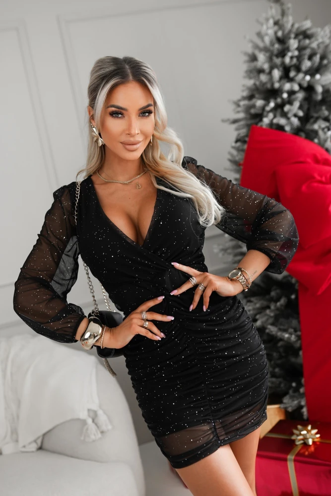 SUKIENKA MINI Z KOPERTOWYM DEKOLTEM Z SIATECZKI ZDOBIONEJ BROKATEM CZARNA