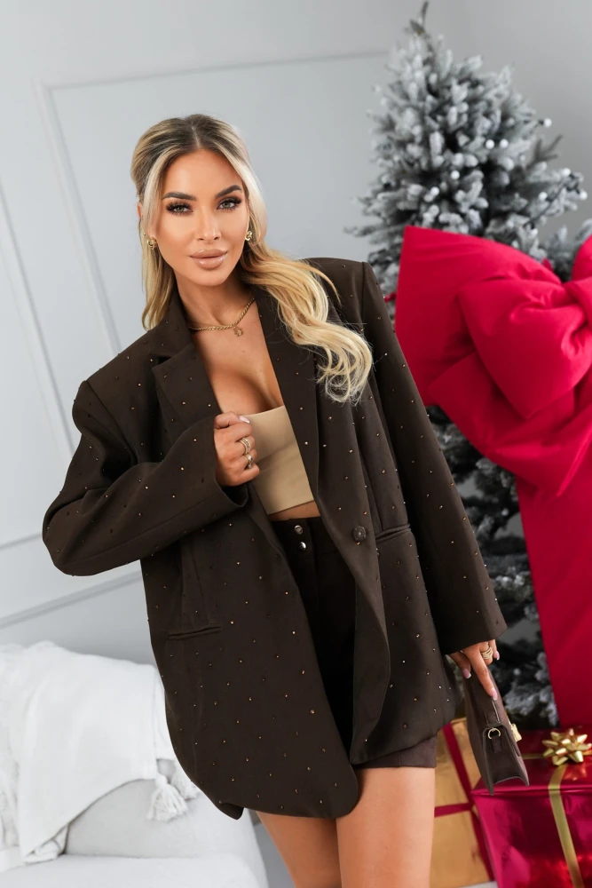 MARYNARKA O KROJU OVERSIZE ZDOBIONA DELIKATNYMI CYRKONIAMI CZEKOLADOWA