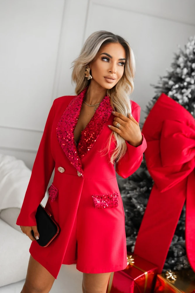 KOMBINEZON Z WELUROWYMI PATKAMI ZDOBIONYMI CEKINAMI CZERWONY