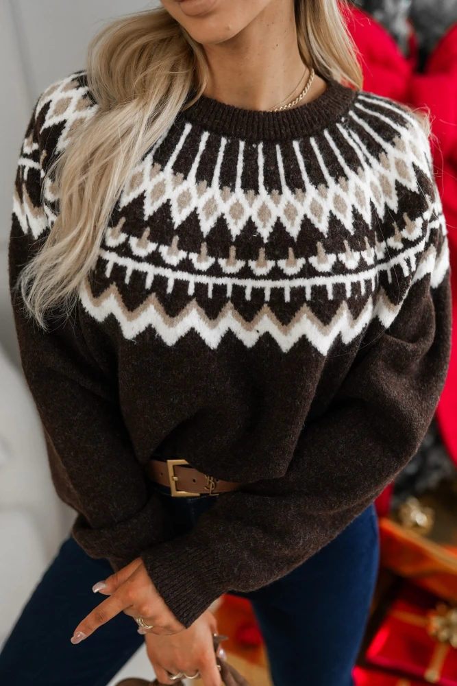 SWETER CZEKOLADOWY JERSEY CZEKOLADOWO-BEŻOWY