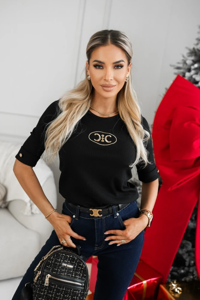 BLUZKA Z PRĄŻKOWANEGO MATERIAŁU Z HAFTOWANYM LOGO CZARNA