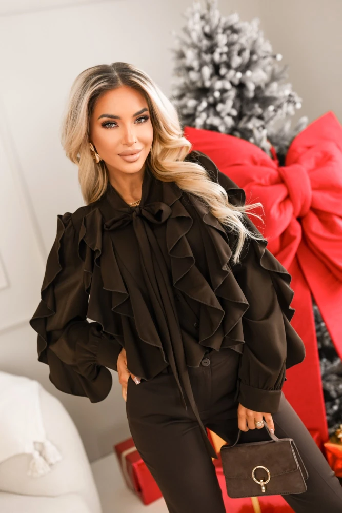 KOSZULA RALPH ZDOBIONA FALBANAMI CZEKOLADOWA