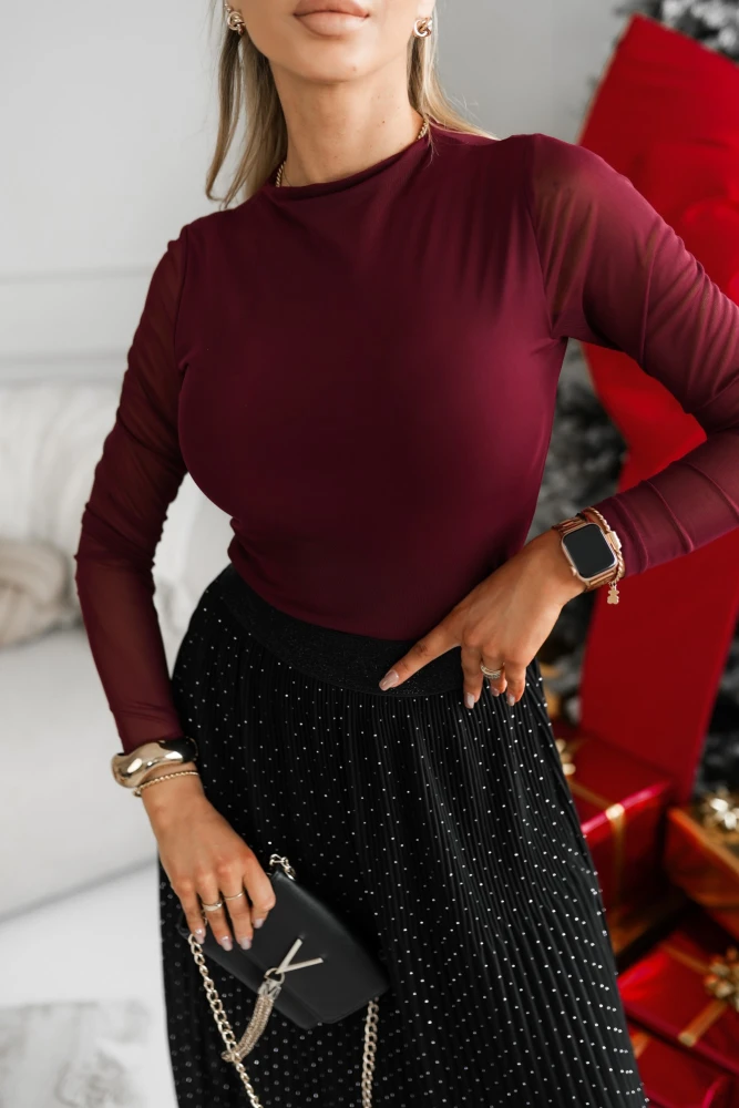 BLUZKA BASIC Z WISKOZY Z SIATECZKI Z PRZEZROCZYSTMI RĘKAWAMI BURGUNDOWA