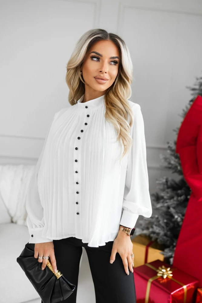 KOSZULA ELEGANCKA Z PLISOWANYM PRZODEM Z OZDOBNYMI GUZIKAMI ECRU