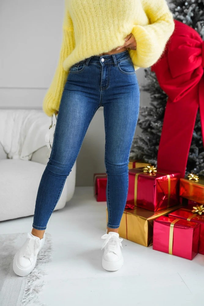 SPODNIE JEANSOWE SKINNY Z PRZESZYCIAMI NA KIESZENIACH NIEBIESKI JEANS
