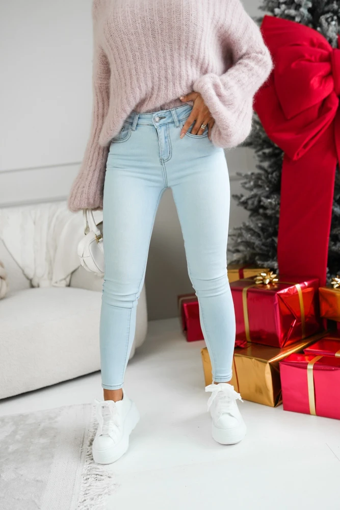 SPODNIE JEANSOWE SKINNY Z PRZESZYCIAMI NA KIESZENIACH BŁĘKITNY JEANS