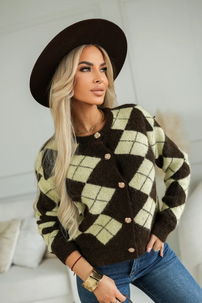 SWETER KARDIGAN Z WEŁNĄ W ROMBY CZEKOLOADOWO-ŻÓŁTY