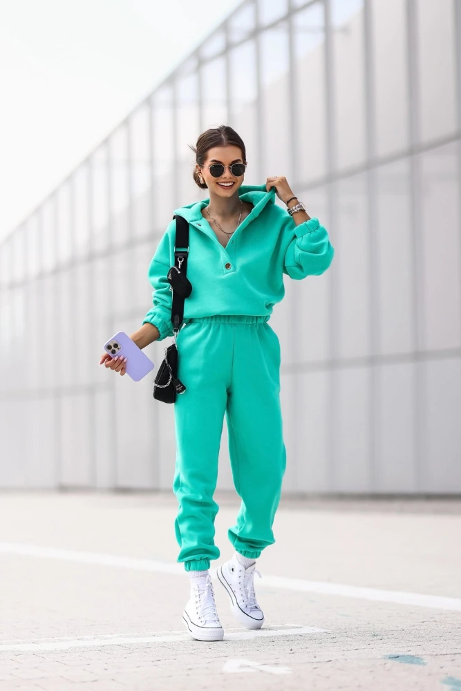 KOMPLET DRESOWY BAWEŁNIANY OCIEPLANY BLUZA ZAPINANA NA NAPY + SPODNIE LAZUROWY