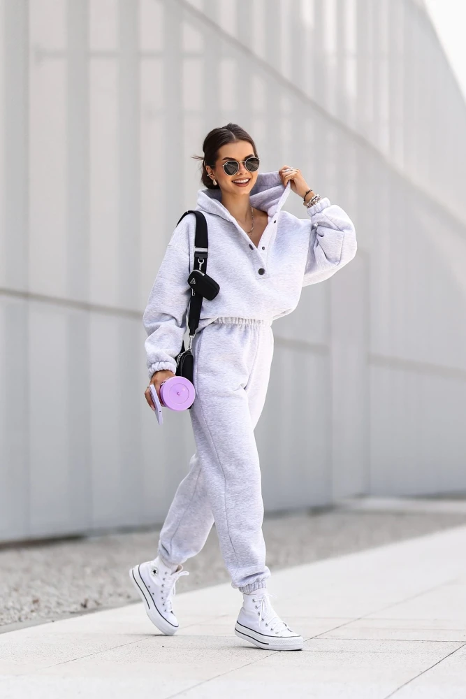 KOMPLET DRESOWY BAWEŁNIANY OCIEPLANY BLUZA ZAPINANA NA NAPY + SPODNIE SZARY