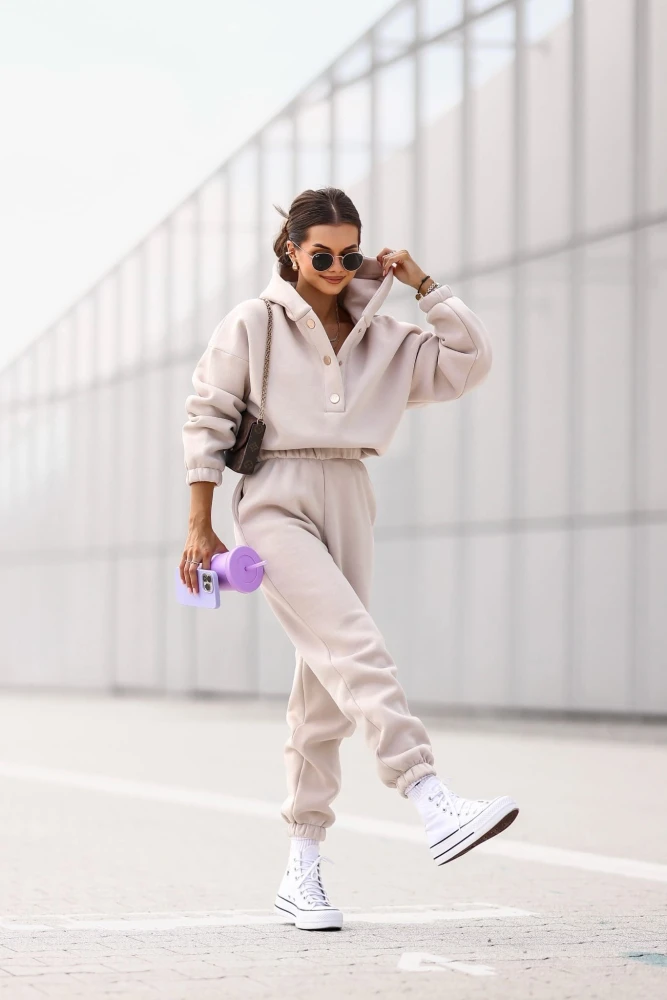 KOMPLET DRESOWY BAWEŁNIANY OCIEPLANY BLUZA ZAPINANA NA NAPY + SPODNIE BEŻOWY