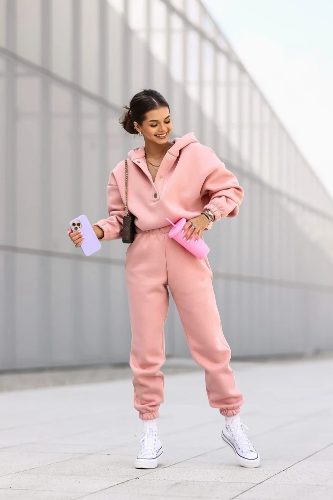 KOMPLET DRESOWY BAWEŁNIANY OCIEPLANY BLUZA ZAPINANA NA NAPY + SPODNIE BRUDNY RÓŻ