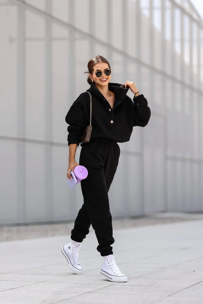 KOMPLET DRESOWY BAWEŁNIANY OCIEPLANY BLUZA ZAPINANA NA NAPY + SPODNIE CZARNY