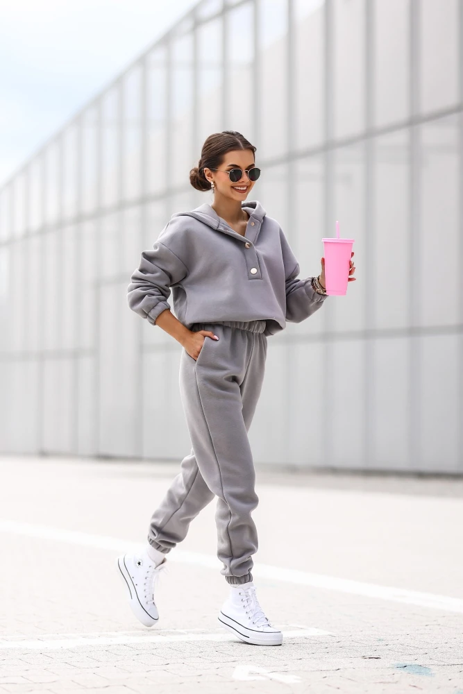 KOMPLET DRESOWY BAWEŁNIANY OCIEPLANY BLUZA ZAPINANA NA NAPY + SPODNIE SZARY