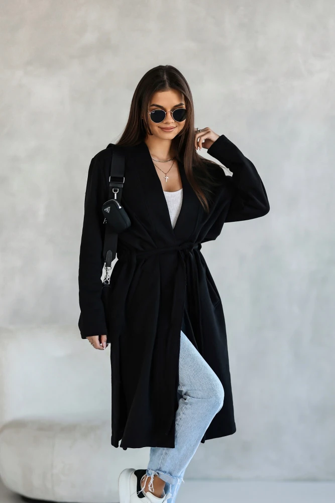 PŁASZCZ BAWEŁNIANY MIDI LEKKO OCIEPLANY Z PASKIEM W KOMPLECIE CZARNY