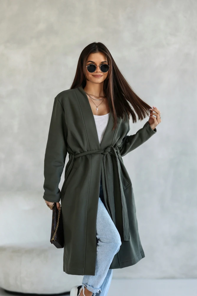 PŁASZCZ BAWEŁNIANY MIDI LEKKO OCIEPLANY Z PASKIEM W KOMPLECIE OLIWKOWY