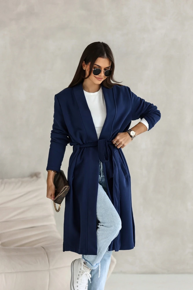 PŁASZCZ BAWEŁNIANY MIDI LEKKO OCIEPLANY Z PASKIEM W KOMPLECIE GRANATOWY