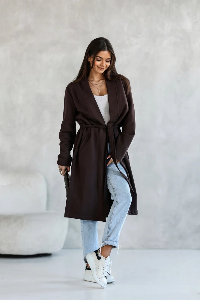 PŁASZCZ BAWEŁNIANY MIDI LEKKO OCIEPLANY Z PASKIEM W KOMPLECIE CZEKOLADOWY