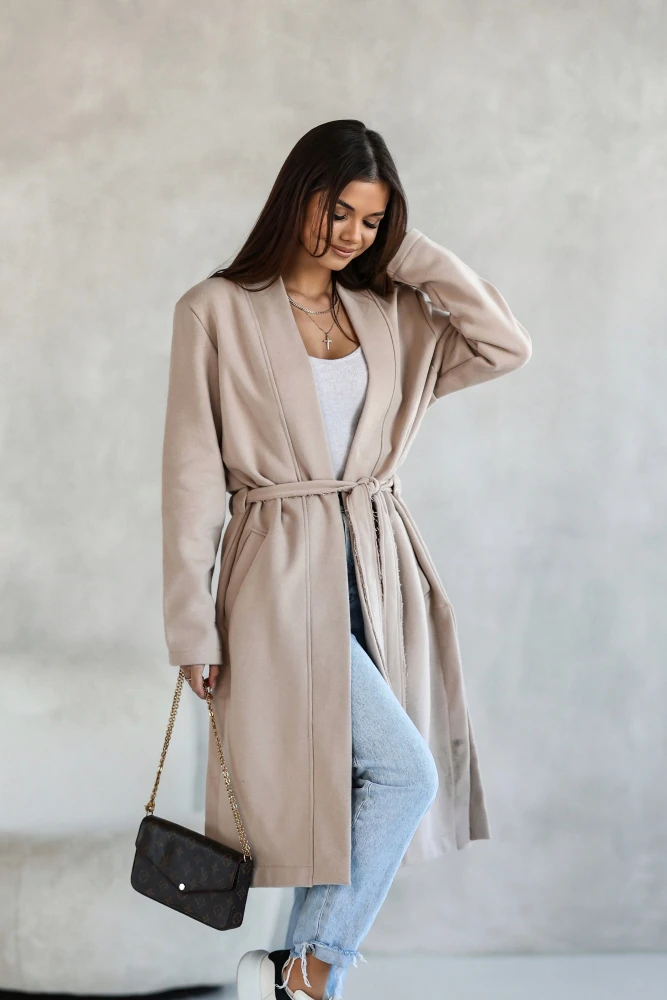 PŁASZCZ BAWEŁNIANY MIDI LEKKO OCIEPLANY Z PASKIEM W KOMPLECIE BEŻOWY