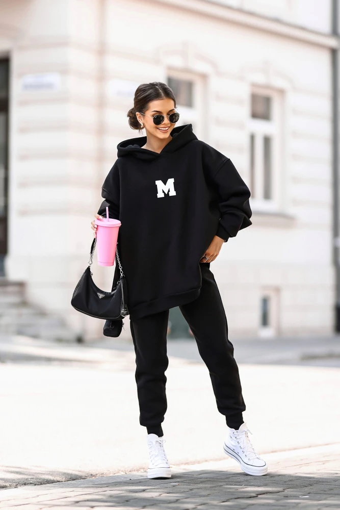 KOMPLET DRESOWY BAWEŁNIANY OCIEPLANY MINIMALISM BLUZA Z KAPTUREM + SPODNIE CZARNY