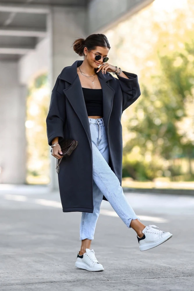 PŁASZCZ BAWEŁNIANY KARDIGAN Z KOŁNIERZEM Z OCIEPLANEGO MATERIAŁU GRAFITOWY