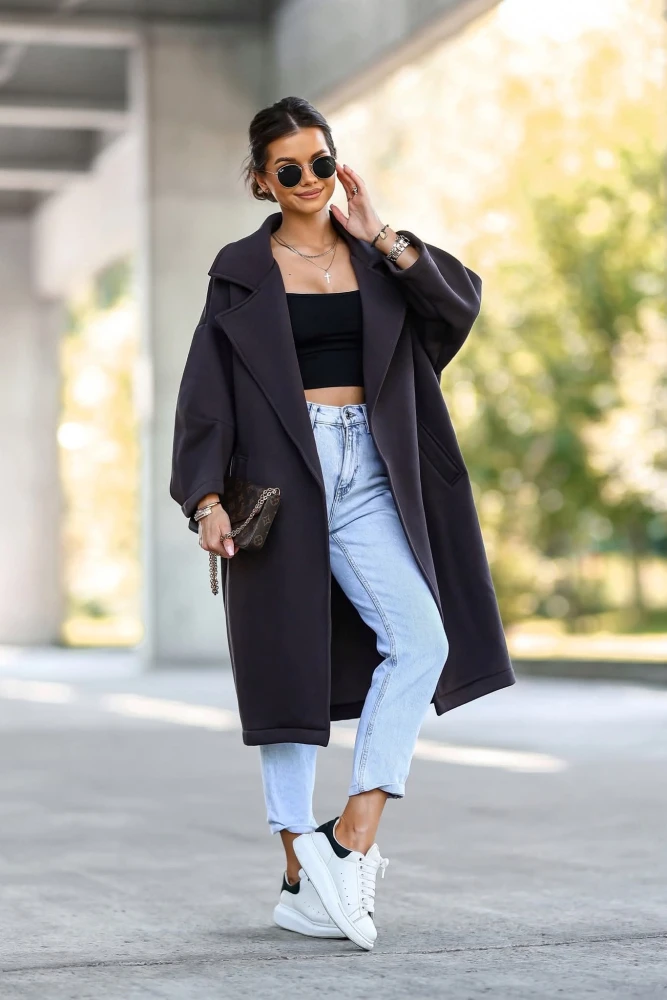 PŁASZCZ BAWEŁNIANY KARDIGAN Z KOŁNIERZEM Z OCIEPLANEGO MATERIAŁU CZEKOLADOWY