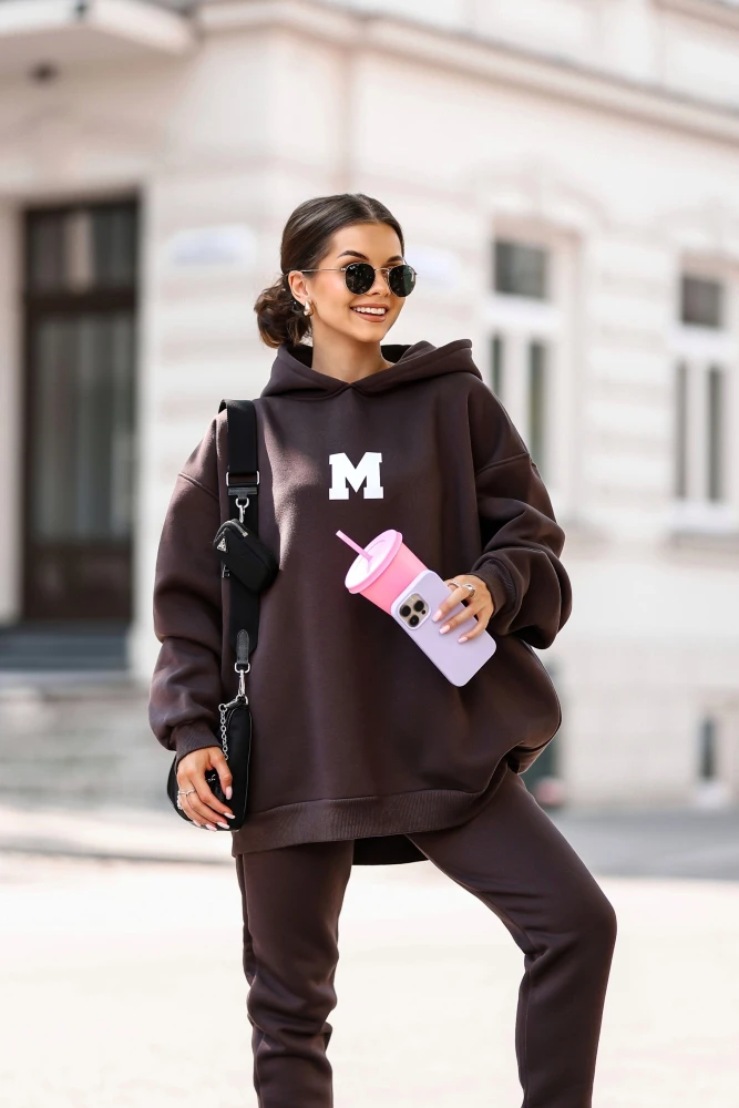 BLUZA DRESOWA BAWEŁNIANA OCIEPLANA Z KAPTUREM CZEKOLADOWA