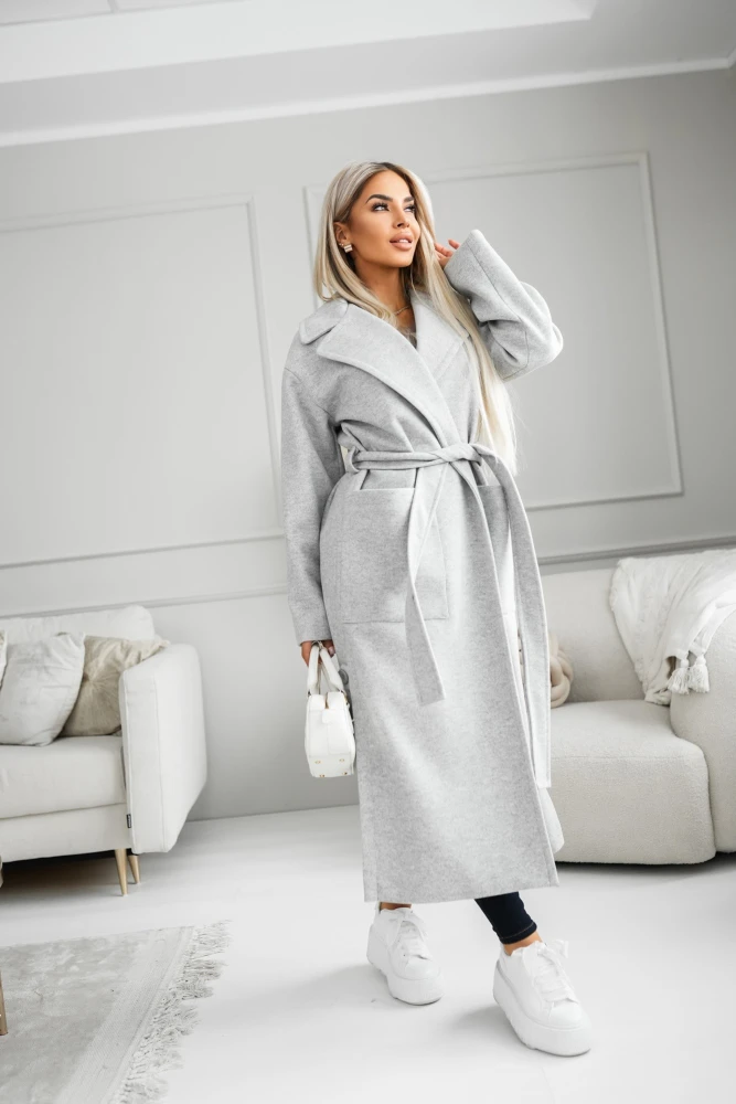 PŁASZCZ WIĄZANY W TALII NA PODSZEWCE SZARY