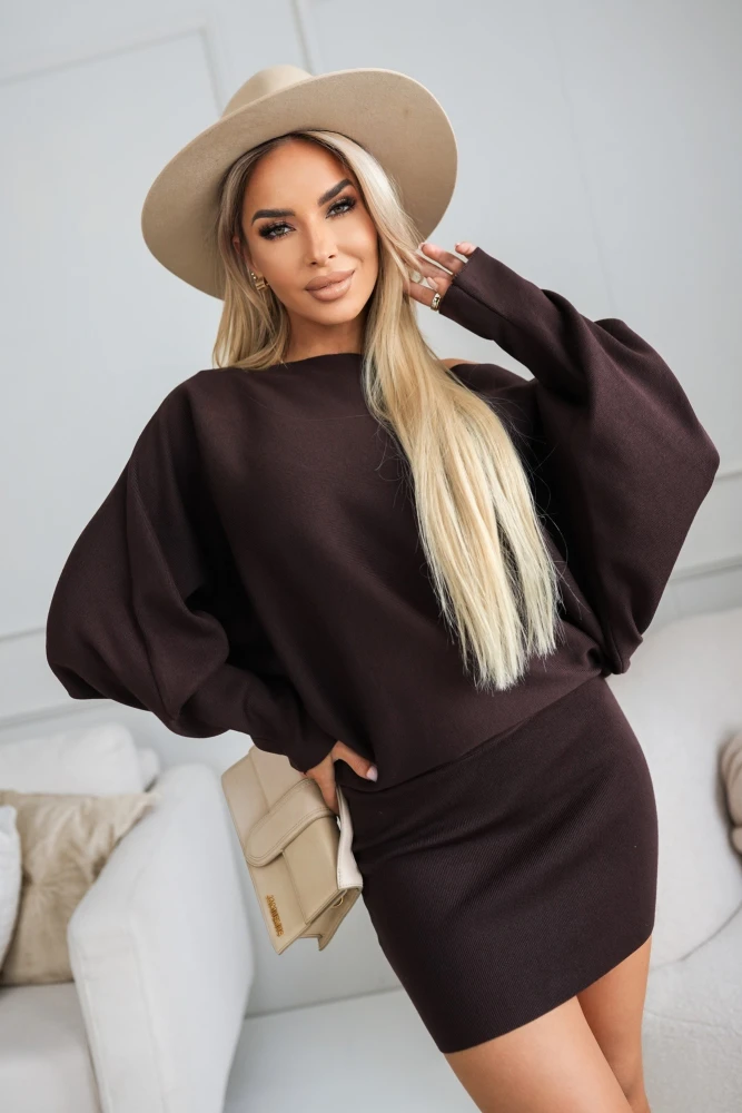 SUKIENKA DZIANINOWA Z WISKOZY O KROJU KIMONO CZEKOLADOWA