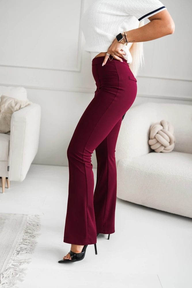 SPODNIE MATERIAŁOWE Z WYSOKIM STANEM DZWONY BORDOWE