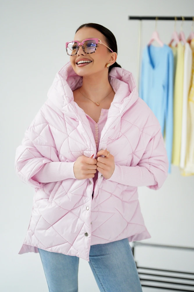 KURTKA KAMIZELKA PIKOWANA Z KAPTUREM PUDROWY RÓŻ