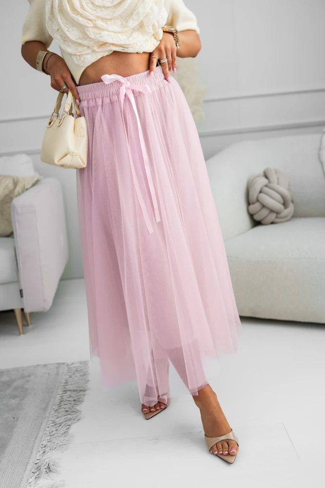 SPÓDNICA TIULOWA MIDI PUDROWY RÓŻ
