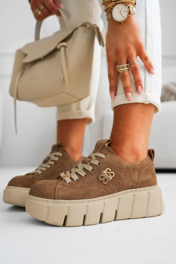 SNEAKERSY ZE SKÓRY NATURALNEJ NA PLATFORMIE BRĄZOWE