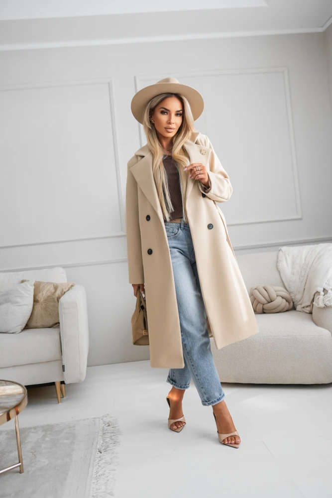 PŁASZCZ DWURZĘDOWY Z PODSZEWKĄ I PASKIEM BEŻOWY