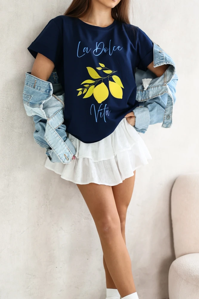 T-SHIRT BAWEŁNIANY LA DOLCE VITA GRANATOWY