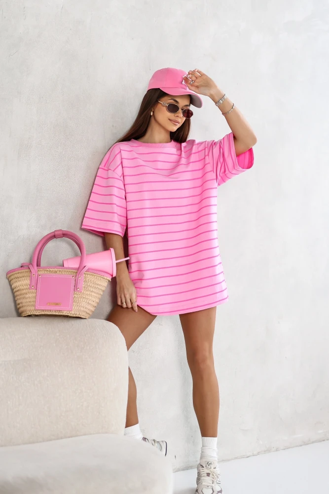 SUKIENKA T-SHIRT OVERSIZE BAWEŁNIANY W PASKI RÓŻOWE
