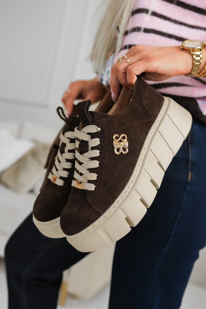 SNEAKERSY ZE SKÓRY NATURALNEJ NA PLATFORMIE CZEKOLADOWE