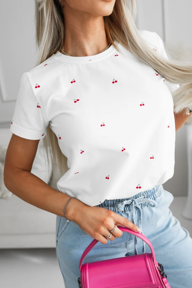 T-SHIRT BAWEŁNIANY W WISIENKI ECRU