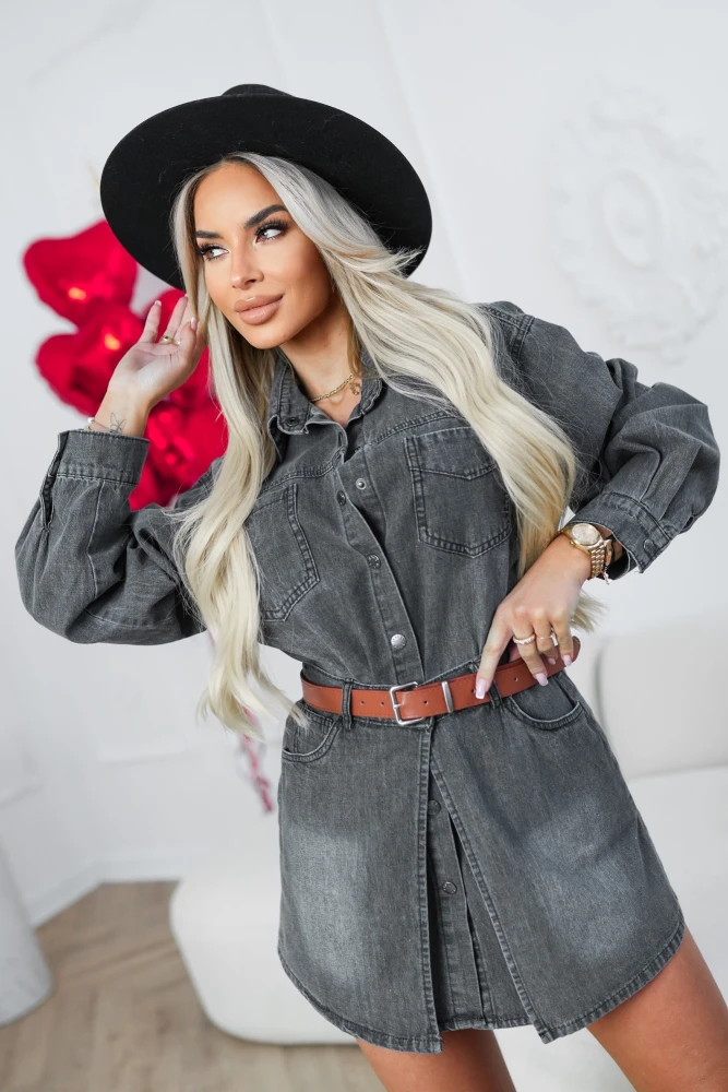 KOMPLET JEANSOWY KOSZULA + SPÓNICA MINI + PASEK GRAFITOWY JEANS