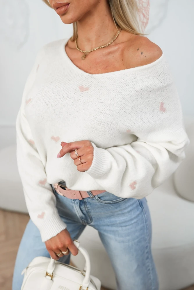 SWETER SWEETIE Z DEKOLTEM W SEREK W SERDUSZKA ECRU