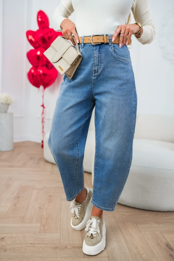 SPODNIE JEANSOWE O KROJU BALLOON Z PASKIEM W ZESTAWIE NIEBIESKI JEANS