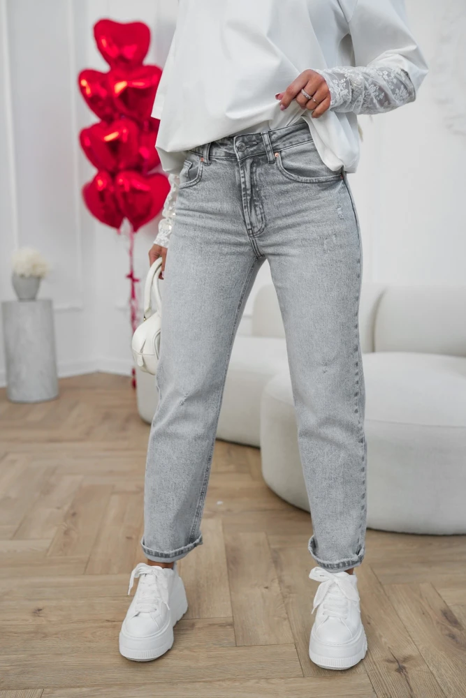 SPODNIE JEANSOWE Z PRZESZYCIAMI Z WYSOKIM STANEM O KROJU WIDE LEG SZARE